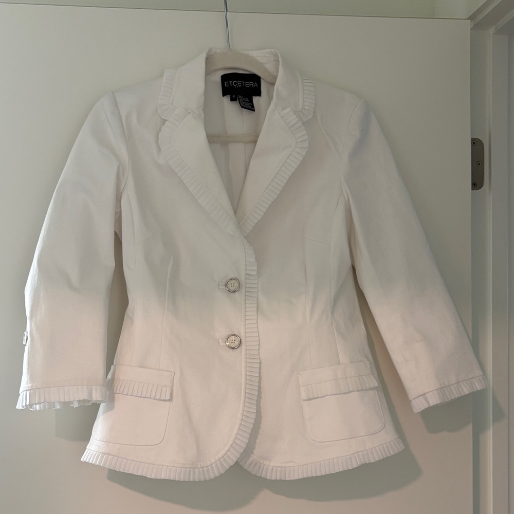 Etcetera Women's white Blazer with Ruffle Trim